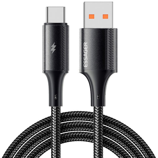 ESSAGER 2m USB-A to Type-C 120W Braided Data Cable for Xiaomi Phone Fast Charging Cord - Black