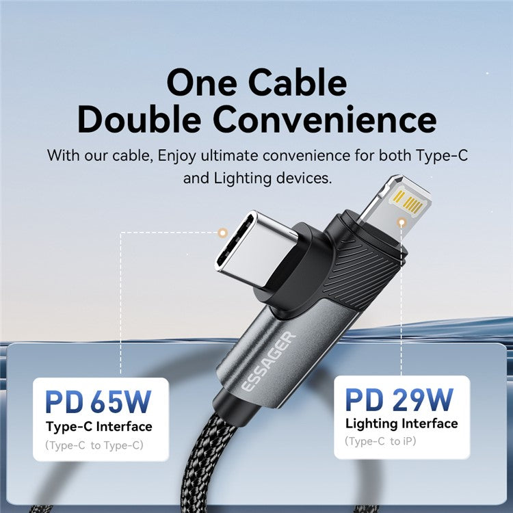 ESSAGER 1m Type-C to Lightning+Type-C PD 65W Phone Fast Charging Data Cable