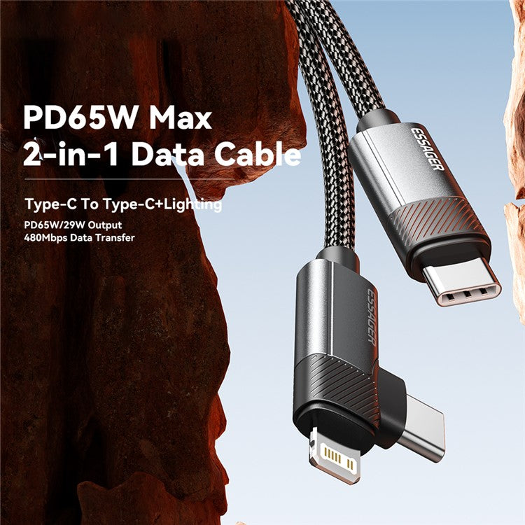 ESSAGER 1m Type-C to Lightning+Type-C PD 65W Phone Fast Charging Data Cable
