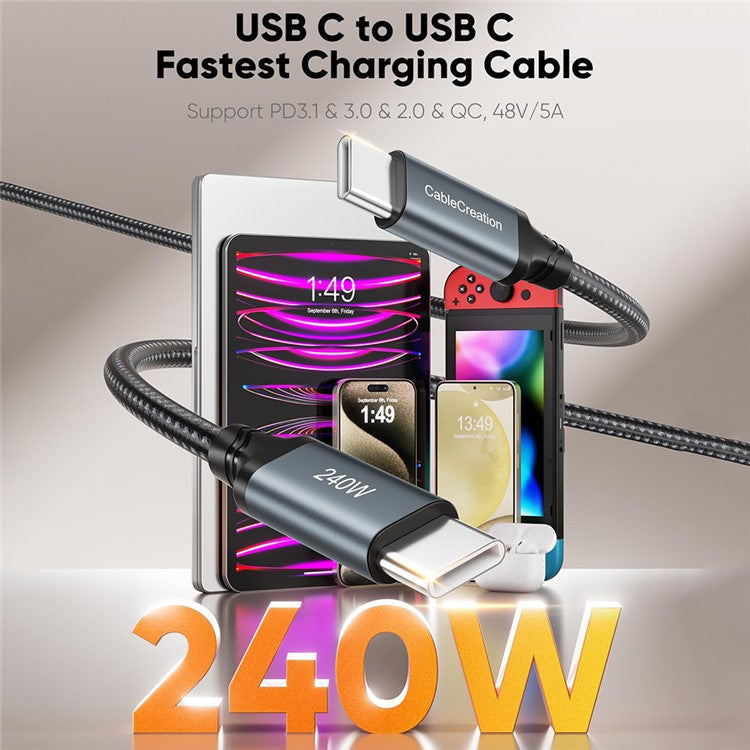 CABLECREATION CC1303 0.91m Type-C to Type-C 240W Fast Charging Braided Data Cable