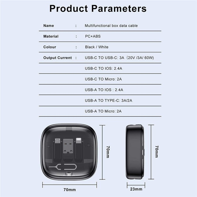 UD7603 1m Retractable 60W Type-C to Type-C Fast Charging Cable Storage Box with Eject Pin and 3 Adapters - White