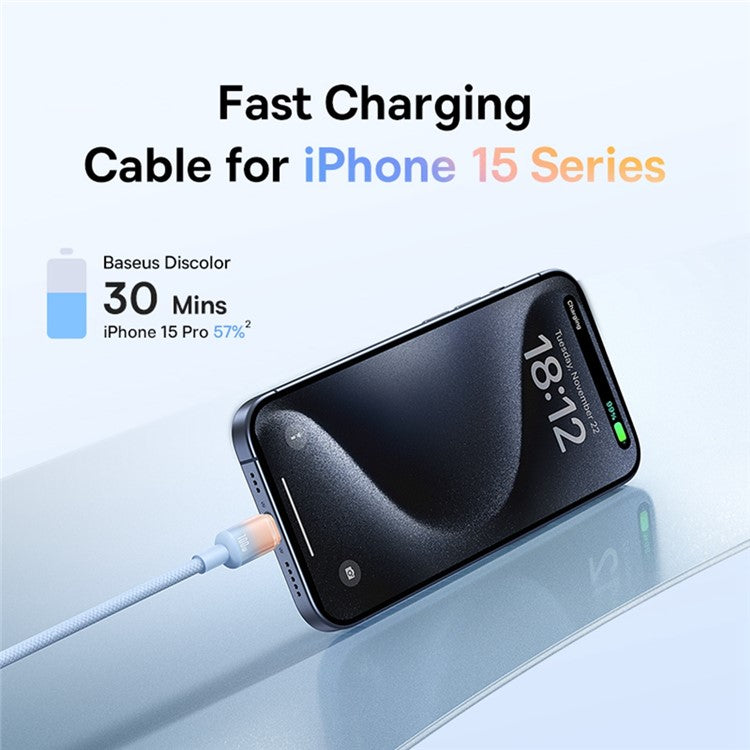 BASEUS Discolor Series 2m Fast Charging Cable USB-C to USB-C 100W Nylon Braided Data Cord - Blue