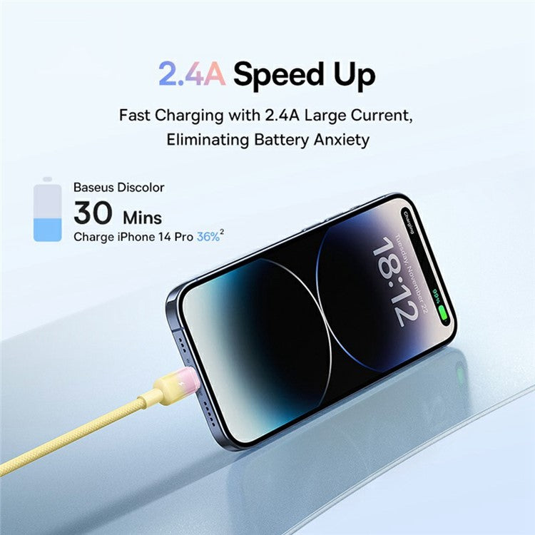 BASEUS Discolor Series 1m Fast Charging Cable USB-A to iP 2.4A Nylon Braided Data Cord - Yellow