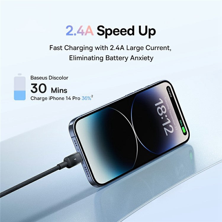 BASEUS Discolor Series 1m Fast Charging Cable USB-A to iP 2.4A Nylon Braided Data Cord - Black