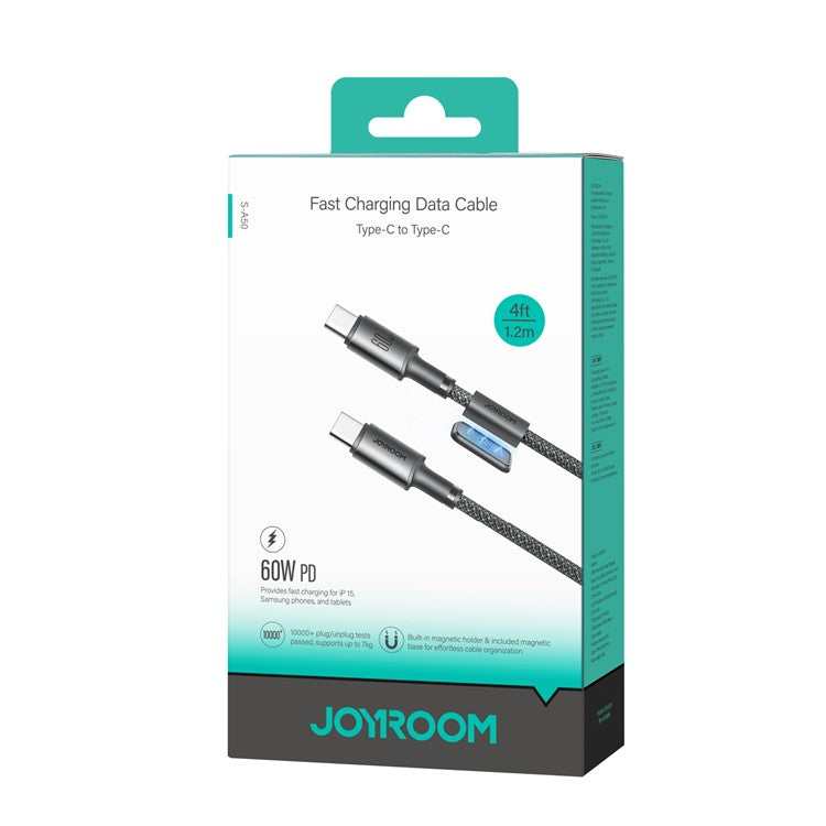 JOYROOM S-A50 1.2m Type-C to Type-C 60W Fast Charging Data Cable with Magnetic Cable Holder for iPhone 16-15 Series - Dark Grey