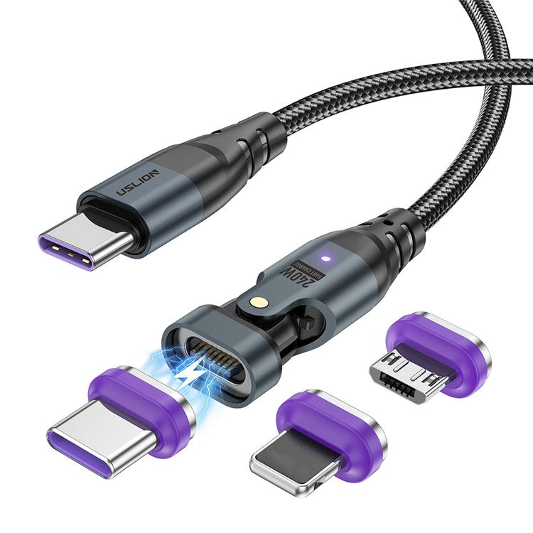 USLION US0203 1m Type-C to iP / Type-C / Micro Rotatable Connector Magnetic Charging Cable 240W Data Cable