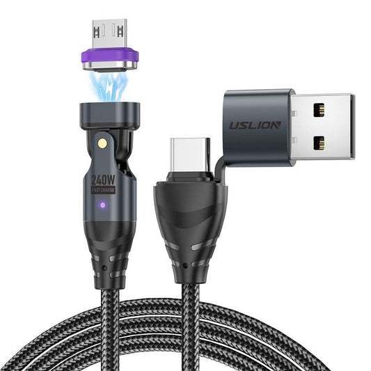 USLION US0204 1.8m USB / Type-C 2 to 1 Data Cable 180-Degree Rotation 240W Magnetic Charging Cable - Micro