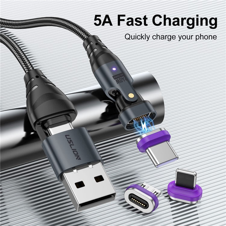 USLION US0204 1.8m USB / Type-C 2 to 1 Data Cable 180-Degree Rotation 240W Magnetic Charging Cable - Micro