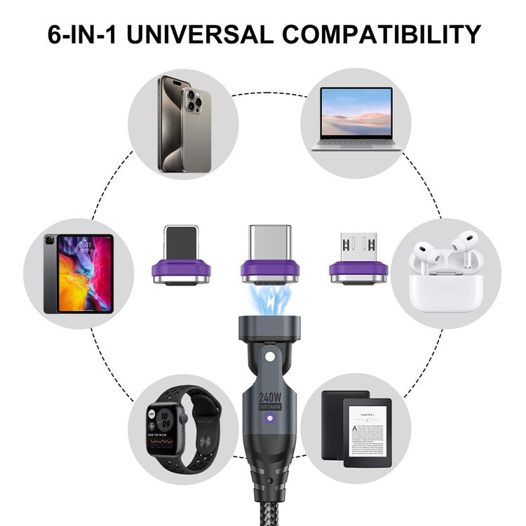 USLION US0204 1.8m USB / Type-C 2 to 1 Data Cable 180-Degree Rotation 240W Magnetic Charging Cable - Micro