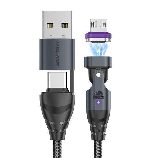 USLION US0204 1m USB / Type-C 2 to 1 Data Cable 180-Degree Rotation 240W Magnetic Charging Cable - Micro