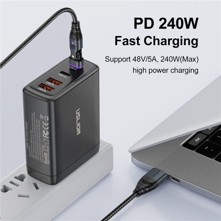 USLION US0204 1m USB / Type-C 2 to 1 Data Cable 180-Degree Rotation 240W Magnetic Charging Cable - Type-C