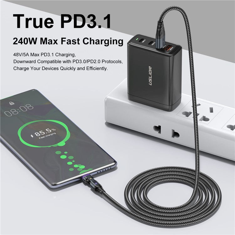 USLION US0204 1m USB / Type-C 2 to 1 Data Cable 180-Degree Rotation 240W Magnetic Charging Cable - Type-C