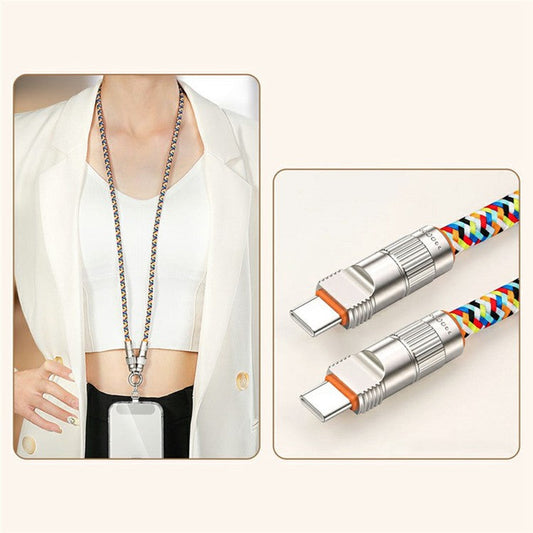 90cm 2-in-1 PD 66W Type-C Charging Cable Cell Phone Neck Lanyard Data Cable with Zinc Alloy Buckle, Tether Tab - Multi-Color
