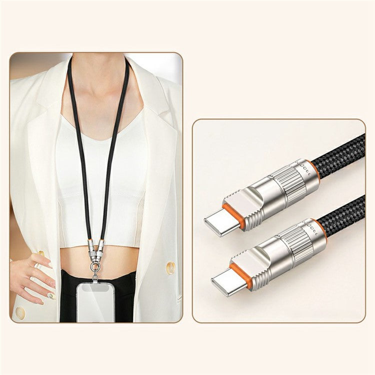 90cm 2-in-1 PD 66W Type-C Charging Cable Cell Phone Neck Lanyard Data Cable with Zinc Alloy Buckle, Tether Tab - Black