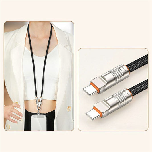 90cm 2-in-1 PD 66W Type-C Charging Cable Cell Phone Neck Lanyard Data Cable with Zinc Alloy Buckle, Tether Tab - Black