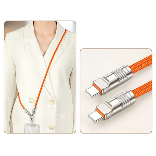 120cm 2-in-1 PD 66W Type-C Charging Cable Cell Phone Crossbody Lanyard Data Cable with Zinc Alloy Buckle, Tether Tab - Orange