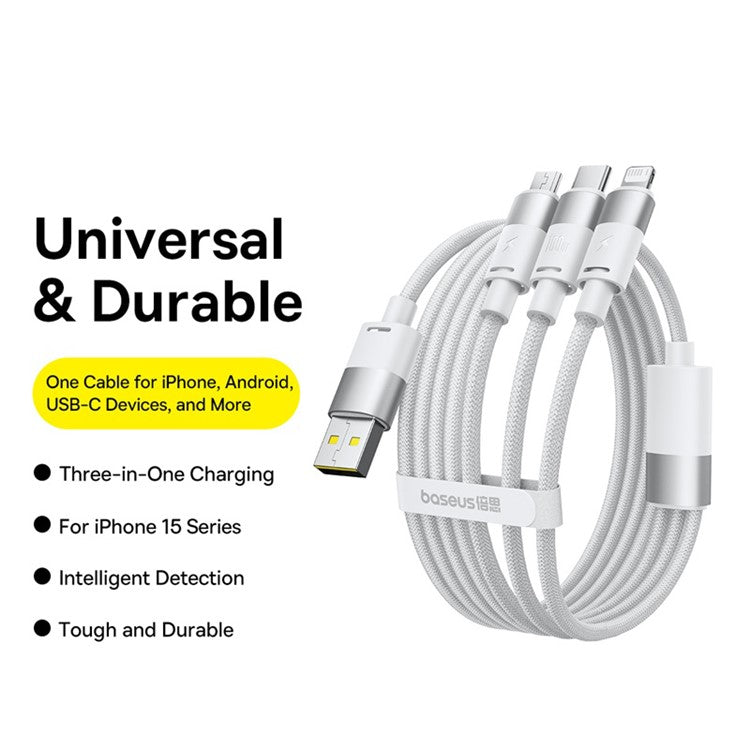 BASEUS StarSpeed One-for-Three Fast Charging Cable USB-A to Type-C+Lightning+Micro Compatible with 100W / 18W - White
