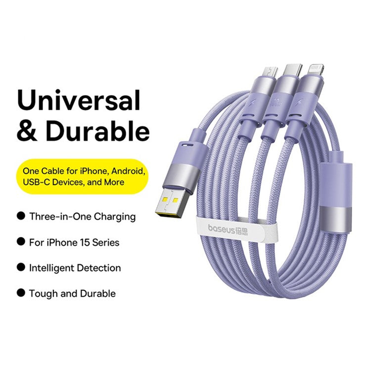 BASEUS StarSpeed One-for-Three Fast Charging Cable USB-A to Type-C+Lightning+Micro Compatible with 100W / 18W - Purple