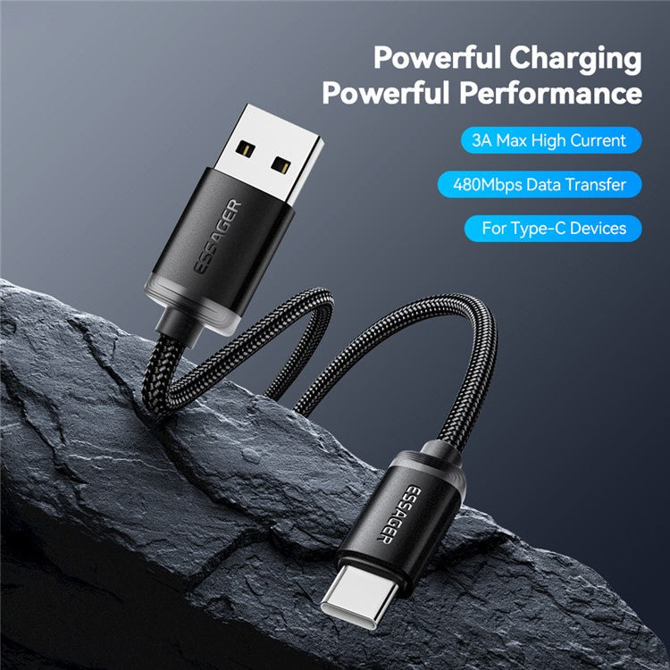 ESSAGER ES-X60 1m USB to Type-C Phone Charging Cable 3A Braided Data Cable