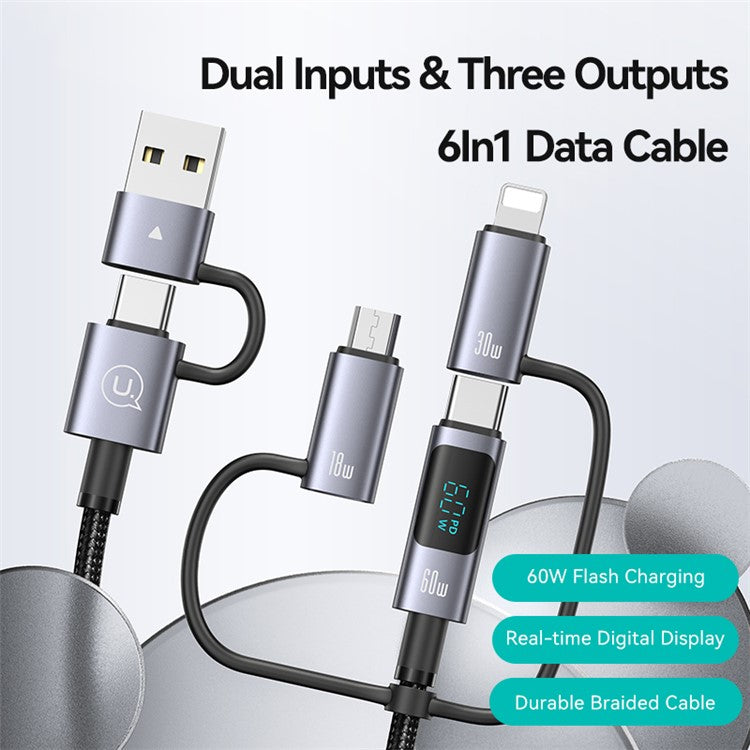 USAMS SJ713 1.2m 60W 6-in-1 Fast Charging Cable LED Display PVC Data Cord