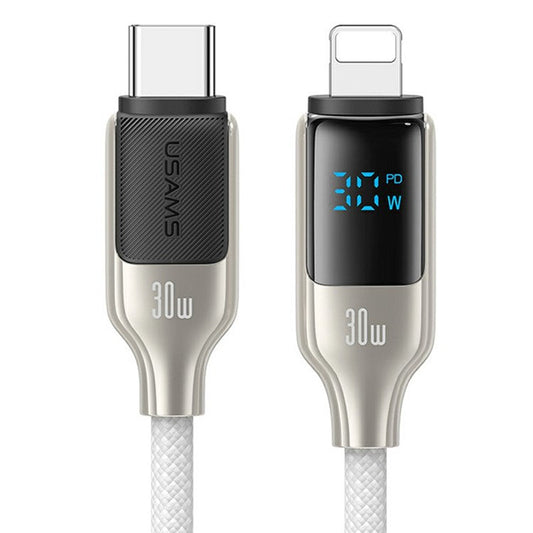 USAMS SJ741 1.2m 30W Type-C to Lightning Charging Cable LED Display Zinc Alloy+TPE Data Cord - Titanium