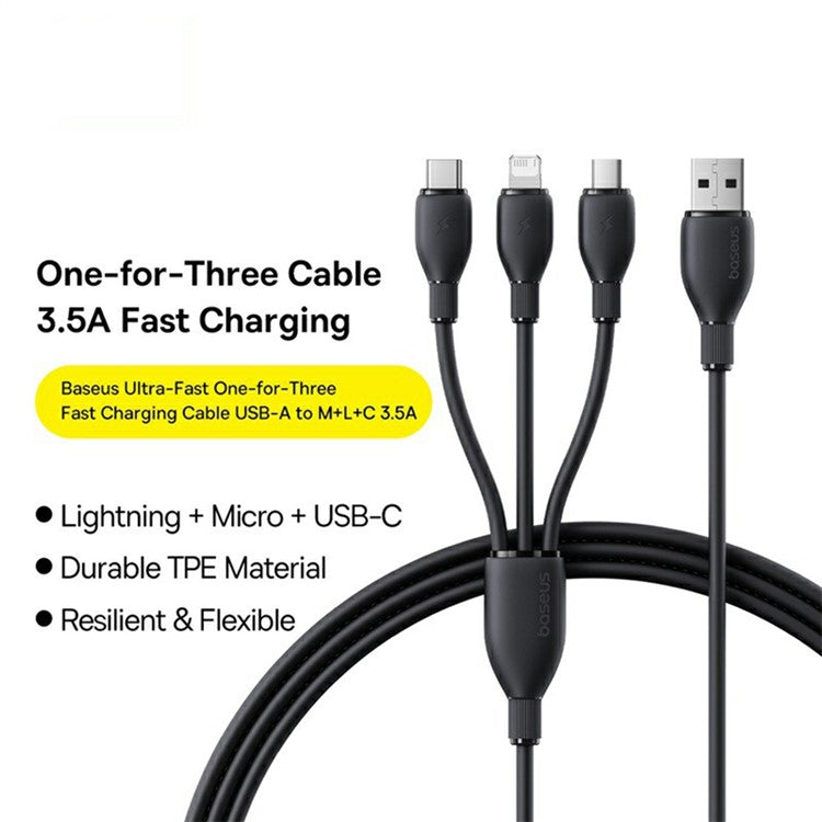 BASEUS Ultra-Fast One-For-Three Fast Charging Cable USB to Micro USB + Lightning + USB-C 3.5A 1.3m - Black