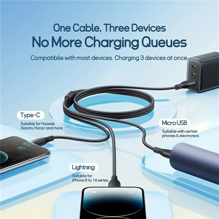 BASEUS Ultra-Fast One-For-Three Fast Charging Cable USB to Micro USB + Lightning + USB-C 3.5A 1.3m - Black