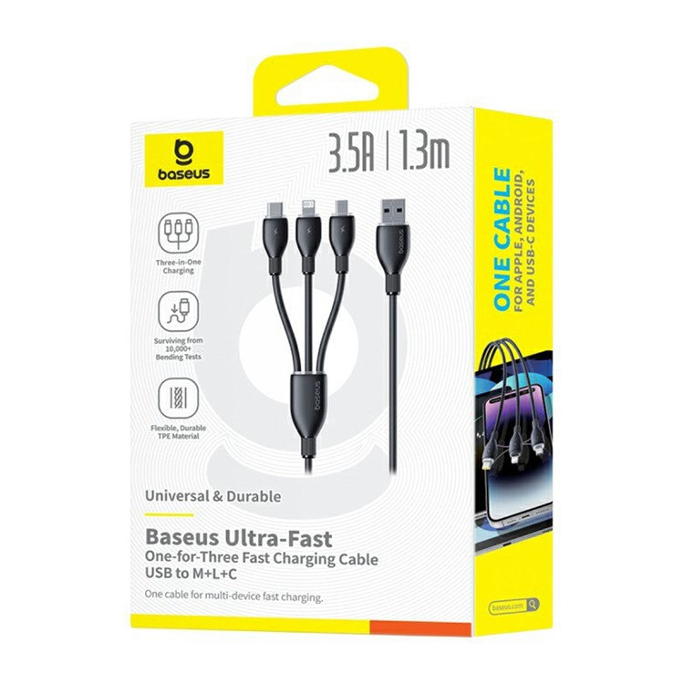 BASEUS Ultra-Fast One-For-Three Fast Charging Cable USB to Micro USB + Lightning + USB-C 3.5A 1.3m - Black