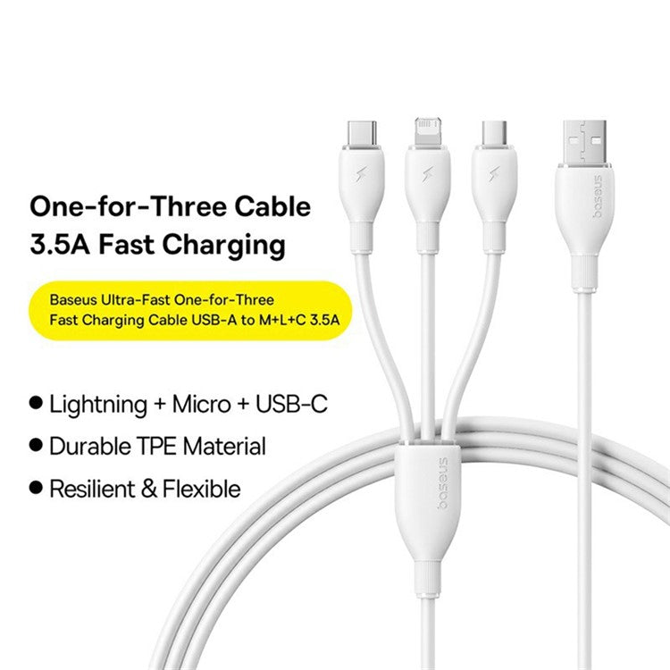 BASEUS Ultra-Fast One-for-Three Fast Charging Cable USB to Micro USB + Lightning + USB-C 3.5A 1.3m - White