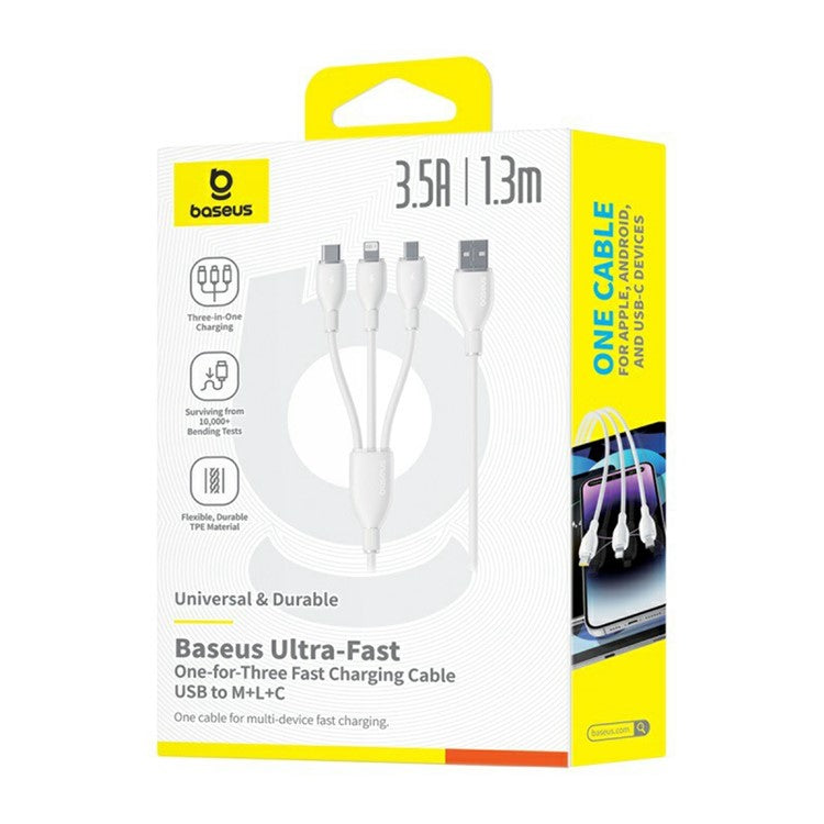 BASEUS Ultra-Fast One-for-Three Fast Charging Cable USB to Micro USB + Lightning + USB-C 3.5A 1.3m - White