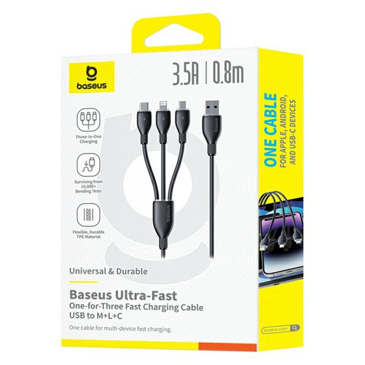 BASEUS Ultra-Fast One-For-Three Fast Charging Cable USB to Micro USB + Lightning + USB-C 3.5A 0.8m - Black