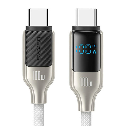 USAMS SJ742 1.2m 100W Type-C to Type-C Fast Charging Cable LED Display Zinc Alloy+TPE Data Cord - Titanium