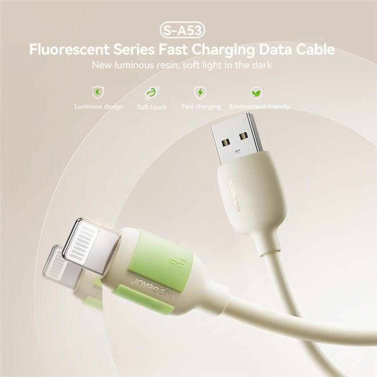 JOYROOM S-A53 1.2m USB-A to Lightning 3A Fast Charging Cable Liquid Silicone Fluorescent Data Cord
