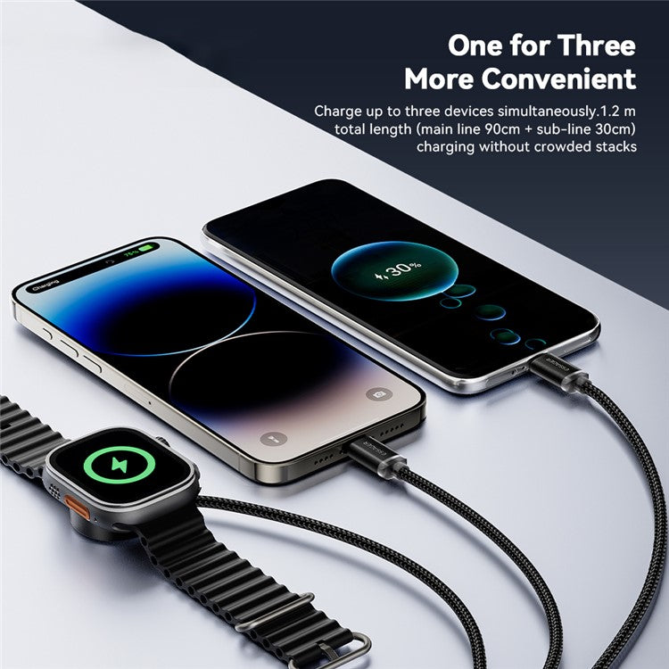 ESSAGER 1.2m USB to Type-C + 8-pin + for Apple Watch Wireless Charging Dock Braided Charge Cable