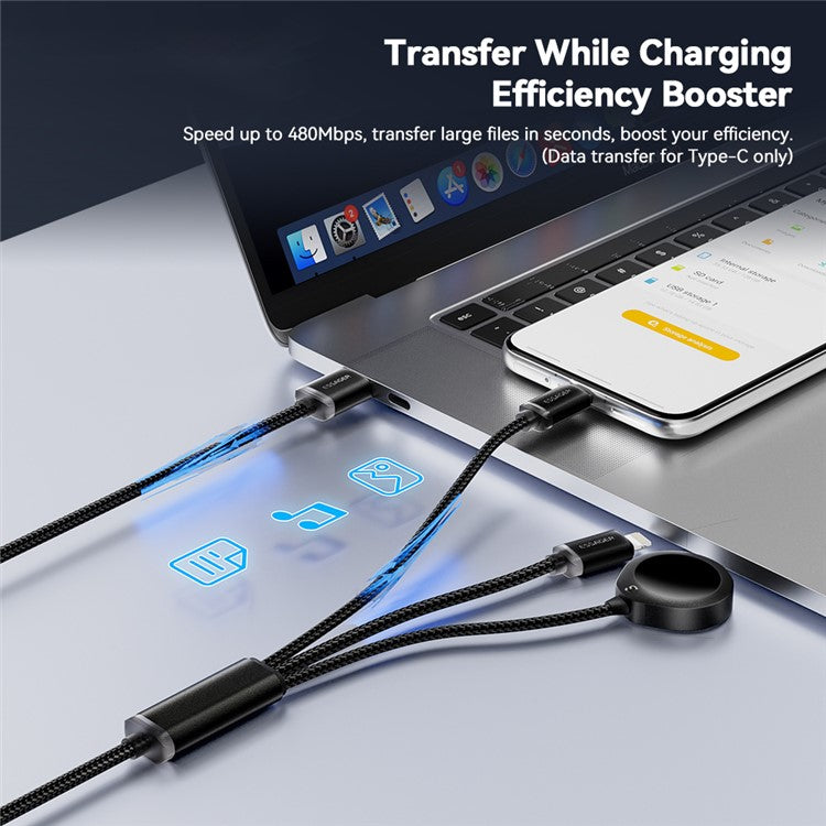 ESSAGER 1.2m USB to Type-C + 8-pin + for Apple Watch Wireless Charging Dock Braided Charge Cable