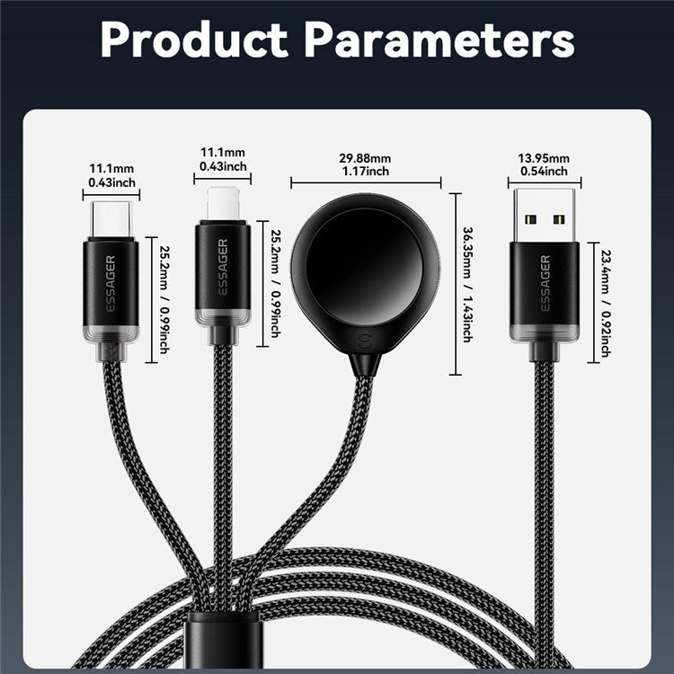 ESSAGER 1.2m USB to Type-C + 8-pin + for Apple Watch Wireless Charging Dock Braided Charge Cable