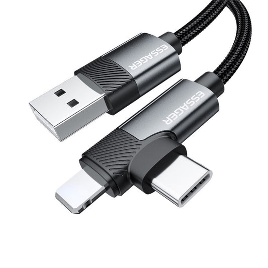 ESSAGER 1m USB-A to iP + Type-C 90 Degree Right Angle 3A Fast Charging Data Cable