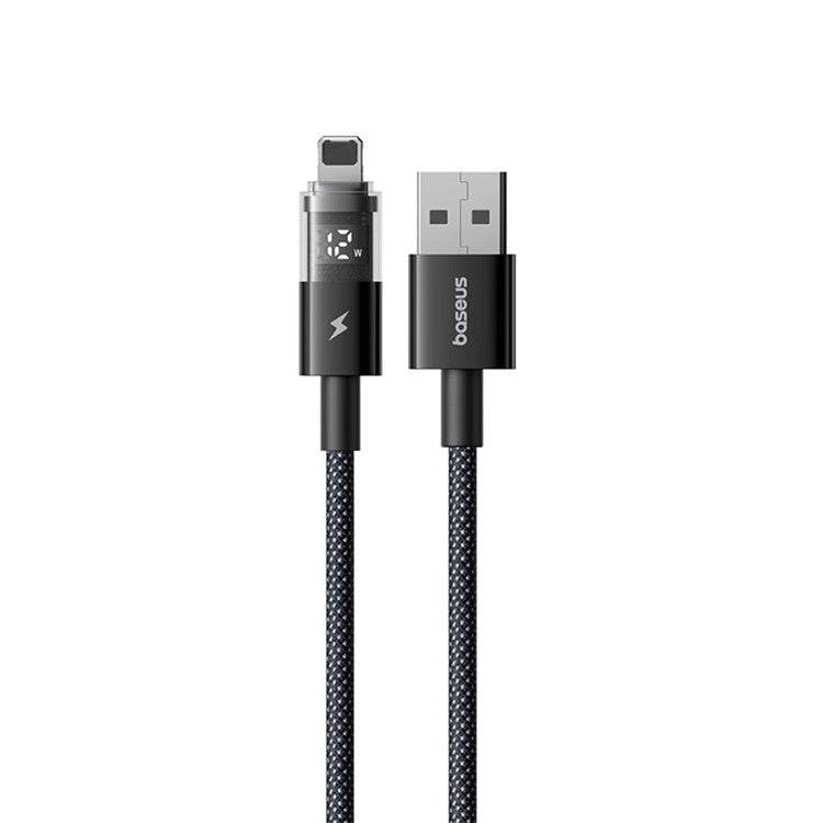BASEUS USB to Lightning Cable 2.4A Fast Charging Data Cable Digital Display Transparent Port 1m Nylon Braided - Black