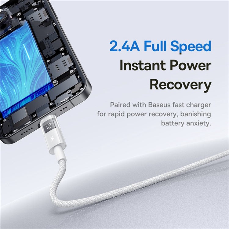 BASEUS USB to Lightning Cable 2.4A Fast Charging Data Cable Digital Display Transparent Port 1m Nylon Braided - White