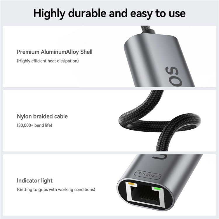UOEOS USB 3.1 Type-C to Ethernet Adapter 2.5G High Speed RJ45 Wired Network Converter - Grey