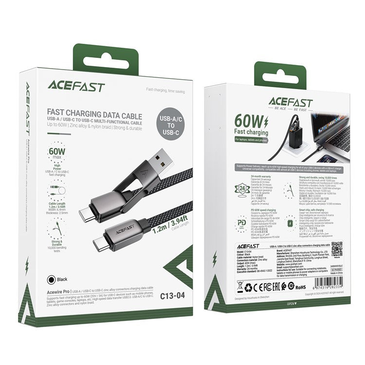 ACEFAST C13-04 1.2m USB-A / USB-C to USB-C 60W Charging Cable Data Sync Braided Cord