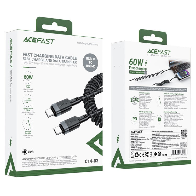 ACEFAST C14-03 1.2m USB-C to USB-C 60W Fast Charging Cable Spring Braided Data Cord