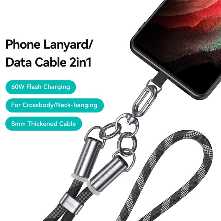 USAMS SJ745 1.2m Crossbody Phone Lanyard Type-C To Type-C 60W Charging Cable - Fluorescent Green