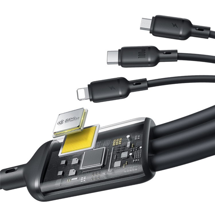 BASEUS Silky 1.5m One-For-Three USB-A to Micro + iP + Type-C 100W Fast Charging Cable - Black