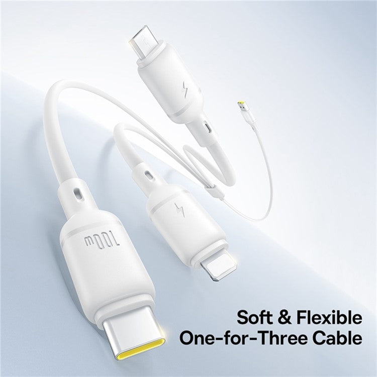 BASEUS Silky 1.5m One-For-Three USB-A to Micro + iP + Type-C 100W Fast Charging Cable - White