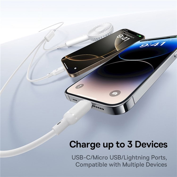 BASEUS Silky 1.5m One-For-Three USB-A to Micro + iP + Type-C 100W Fast Charging Cable - White