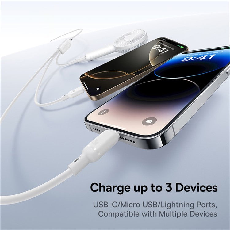 BASEUS Silky 1.5m One-For-Three USB-C to Micro + iP + Type-C 100W Fast Charging Cable - White