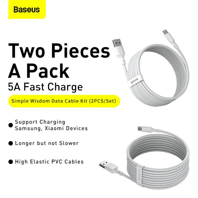BASEUS Simple Wisdom Data Cable Kit USB to Type-C 5A [2PCS/SET] - White