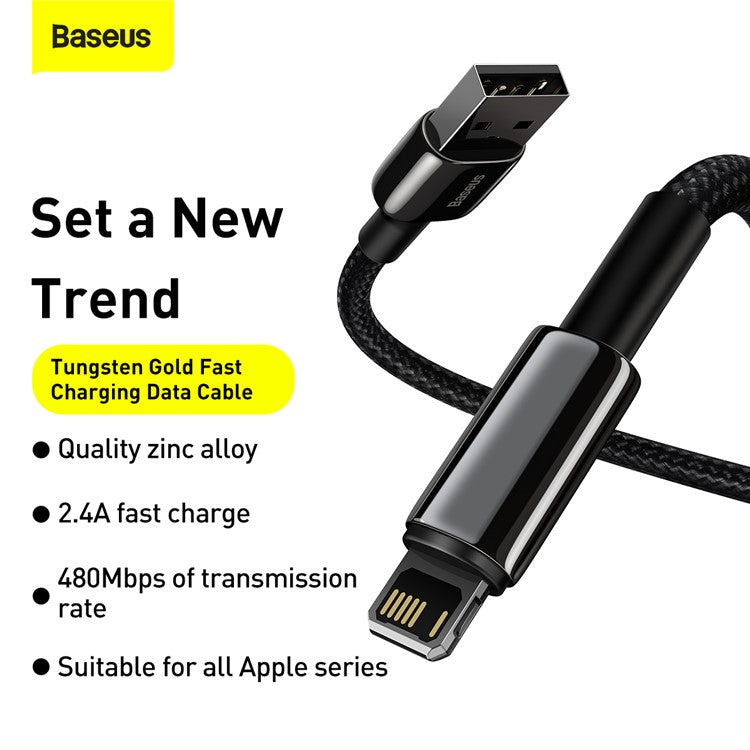 BASEUS Tungsten Gold Series 2M 2.4A USB to iP Cable Charging Data Transfer Cable - Black