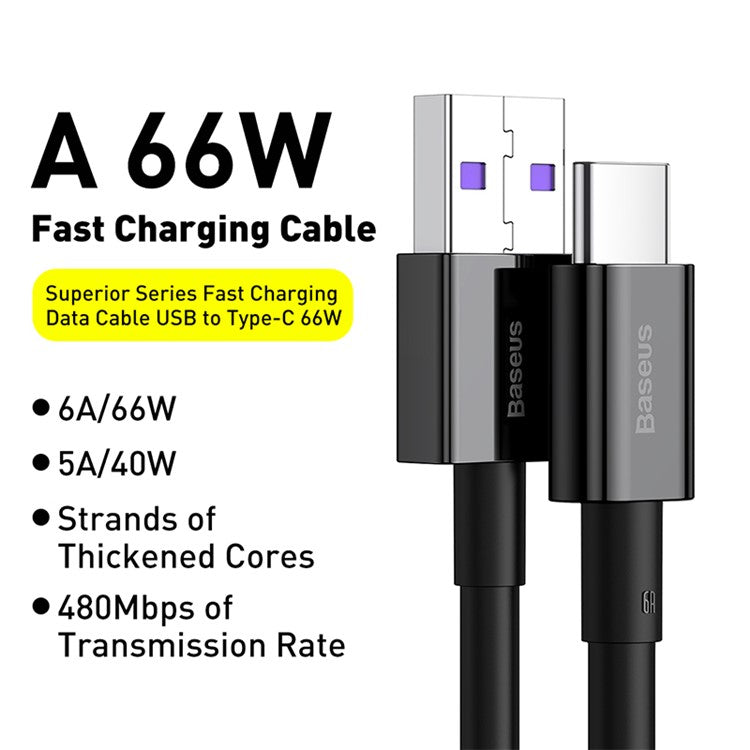 BASEUS Superior Series Fast Charging Data Cable USB to Type-C 66W 2m - Black